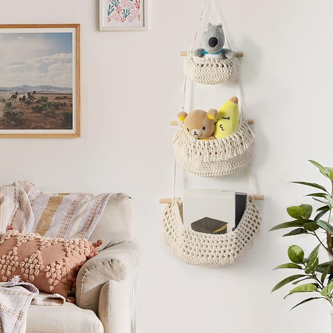 3 Tier Hanging Fruit Baskets for Kitchen, Handmade Cotton Organizer - Image 7