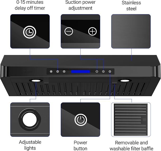 EKON 30 Black inches Under Cabinet Range Hood, 900 CFM Stainless Steel Kitchen Chimney Vent, 4 Speed Touch Screen Control With Remote 2Pcs 3W LED lights Dishwasher-safe Filters Fan Timer
