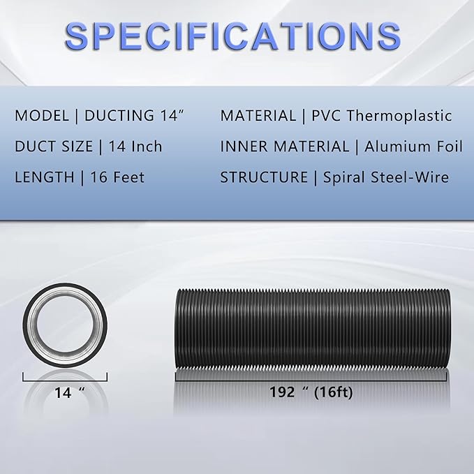 14 Inch Flexible Ducting Hose 16 Feet Black Aluminum Ducting -4 Layer Protection Dryer Vent Hose for HVAC Heating Cooling Ventilation and Exhaust, 2 Clamps Included