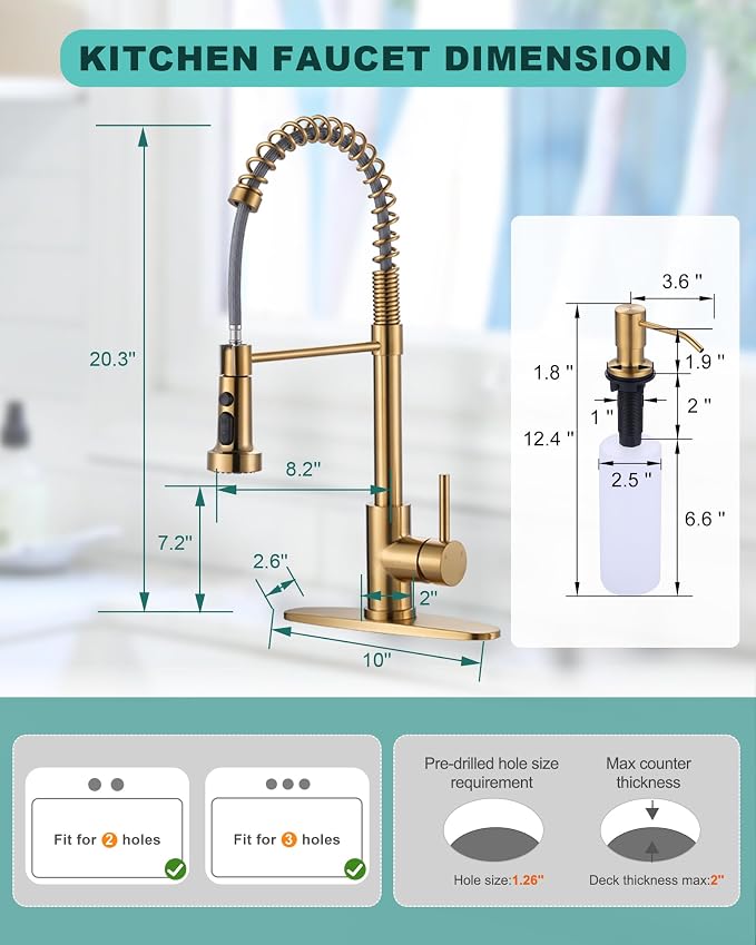 Kitchen Sink Faucet with Soap Dispenser: Brushed Gold Kitchen Faucets with Pull - Image 7