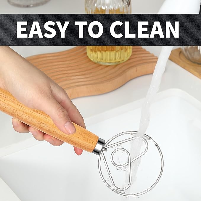 Danish Dough Whisk Stainless Steel Hook Dutch Bread Mixer for Sourdough Baking Hand Tool with Wooden Handle Making Blending Pastry Pizza Dough