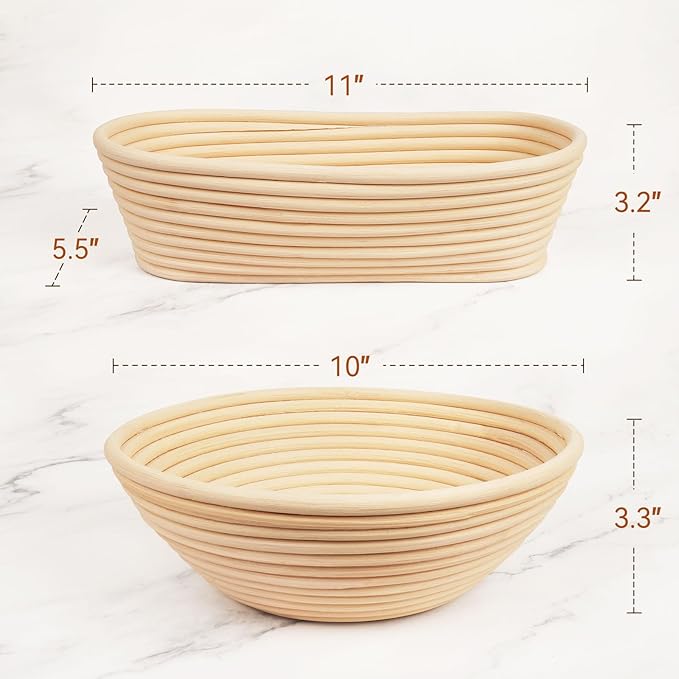 Banneton Bread Proofing Baskets Set of 2, 10" Round & 11" Oval Sourdough Proofing Baskets with Sourdough Bread Baking Supplies, Bread Making Kit