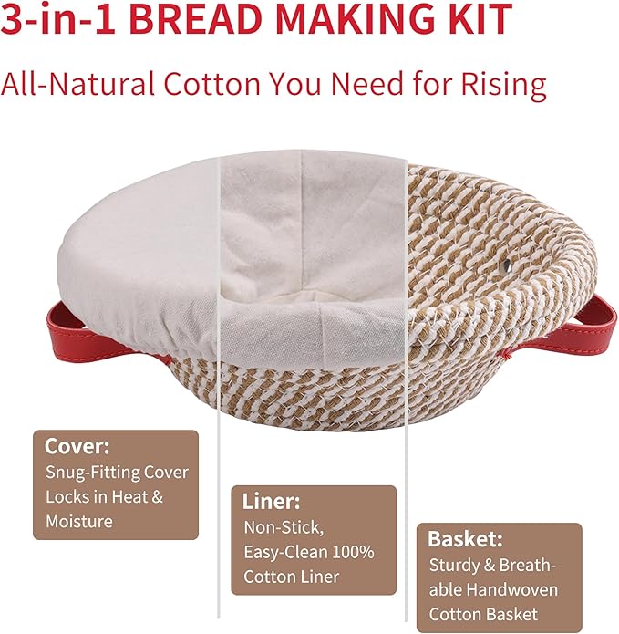 Banneton Bread Proofing Basket - Oval & Round Sourdough Bread Baskets Set - With Liner & Cloth Cover - For Proofing Sourdough Bread & Bread Storage (Grey & Khaki Set) - Cotton Rope