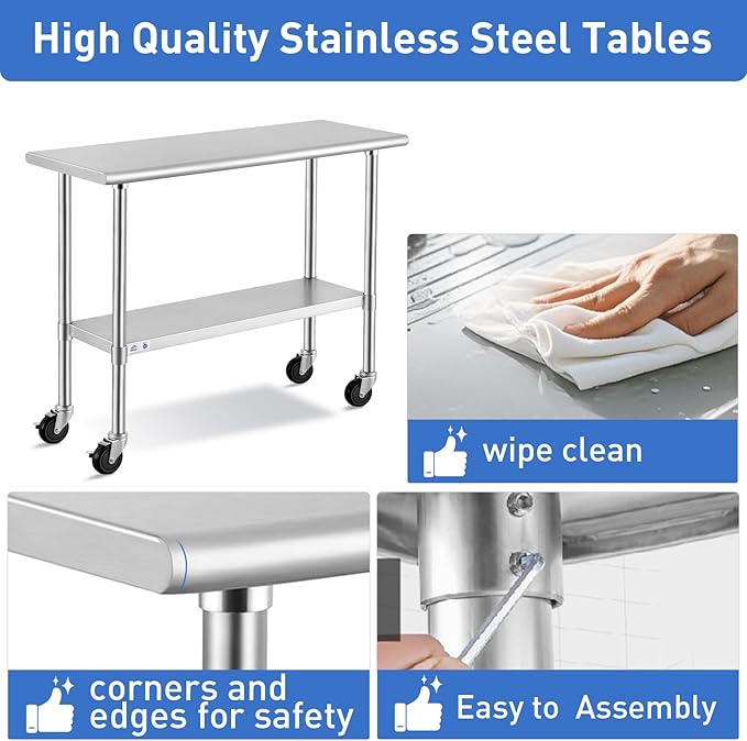ROCKPOINT Stainless Steel Table for Prep & Work with Caster Wheels 24x36 Inches, NSF Metal Commercial Kitchen Heavy Duty Table with Adjustable Under Shelf and Table Foot for Restaurant, Home and Hotel