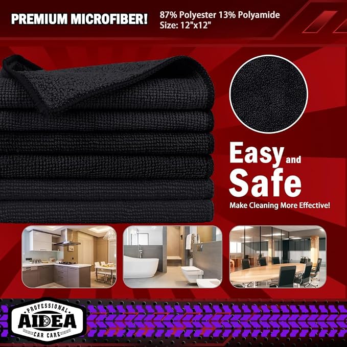 AIDEA Microfiber Cleaning Cloth Black, Microfiber Towels, 12×12" | Shop Towels - Image 6