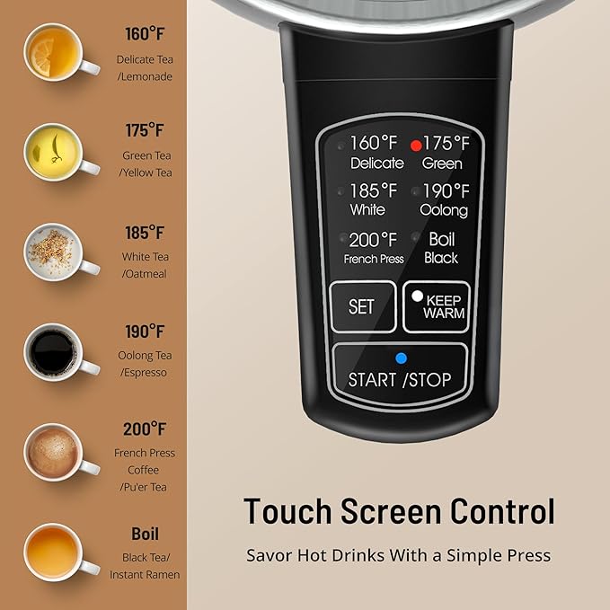 Electric Kettle Temperature Control, 1.7L Electric Kettle with 6 Temperature Settings, 1500W Cordless Hot Water Boiler Heater, Strix Thermostat, Touch Control, Auto-Shutoff/Boil-Dry Protection