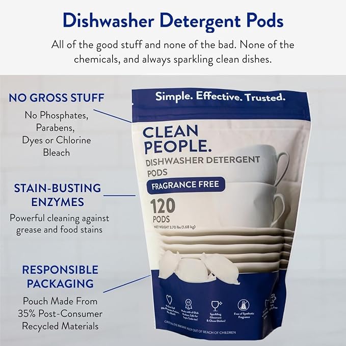 The Clean People Dishwasher Pods - Cuts Grease & Rinses Sparkling Clean - Residue-Free - Phosphate Free Dishwashing Pods - Fragrance Free, 30 Pack