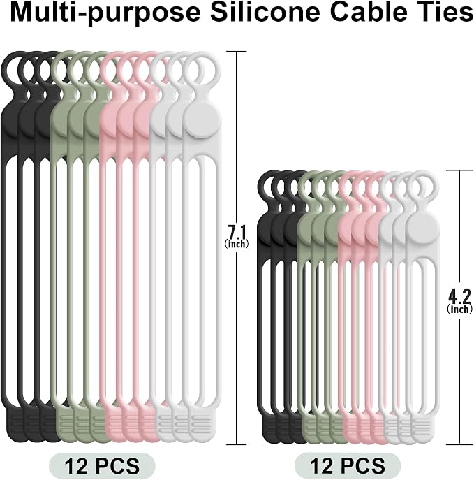 24Pcs Silicone Cable Ties, Cord Organizer Cable Management-2Sizes | Reusable - Image 6