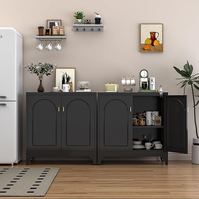 Metal Sideboard Buffet Cabinet with Storage,33 Inch Coffee Bar Cabinets with Adjustable Shelf, Black Kitchen Pantry Cabinet for Dining Room, Living Room