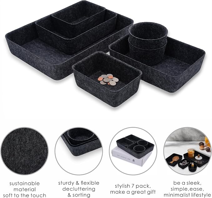 Welaxy Felt Drawer Organizer Bins 7-Piece Carbon Desk Storage Trays - Image 6