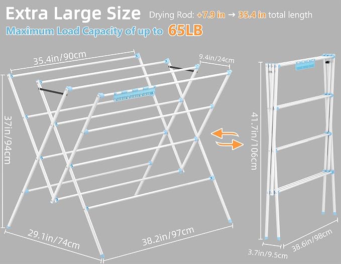 Drying Rack Clothing, 35.43in Long Drying Poles Large Clothes Drying Rack | - Image 3