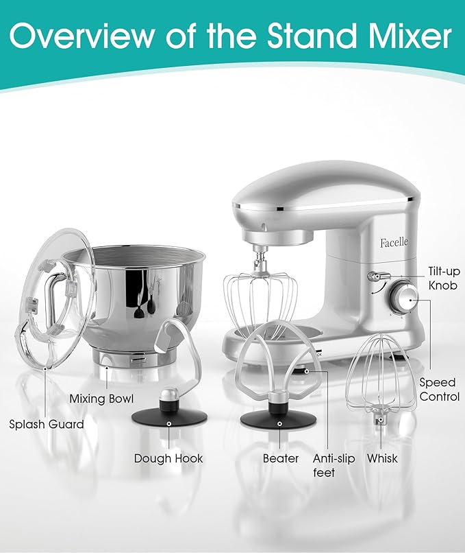 Facelle Stand Mixer, Electric Kitchen Mixer, 660W 6 Speed Tilt-Head stand mixer with Pulse, Attachments include 6.5QT Bowl, Dishwasher Safe Beater,Dough Hook,Whisk for Dough,Baking,Cakes,Cookie-Silver