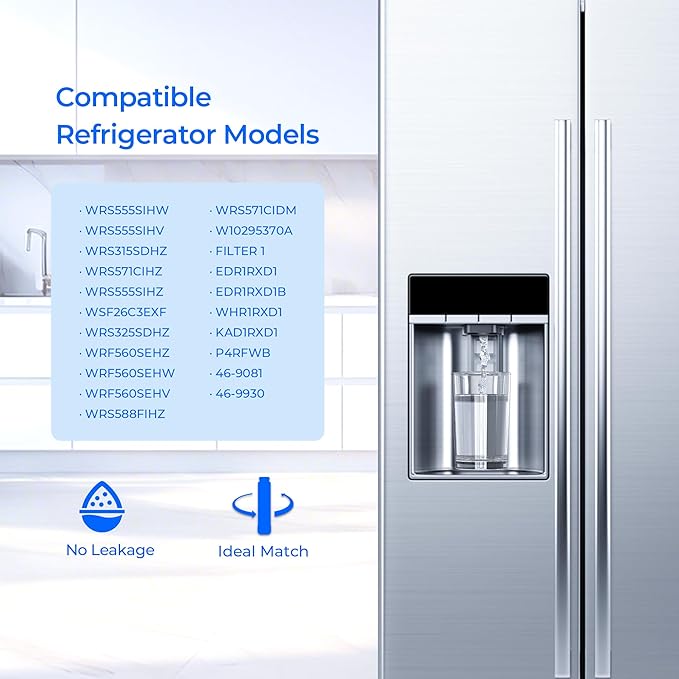 W10295370A Water Filter Replacement, Compatible with Whirlpool EDR1RXD1, EDR1RXD1B, Filter 1, Whirlpool WRSA71CIHZ, WRS571CIHV, WRS335SDHB, WRS335SDHM, WRS335SDHW, 4 Pack