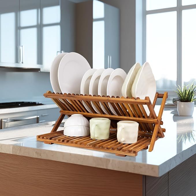 Utoplike Large Teak Dish Drying Rack, Wood Collapsible Organizer - Image 7
