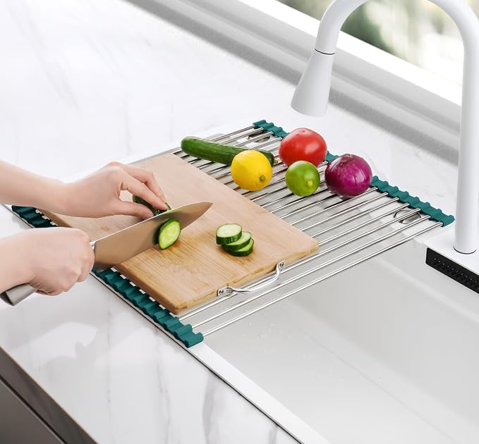 Tomorotec Roll Up Dish Drying Rack Over Sink, 304 Steel, Dark Green | Anti-Slip - Image 7