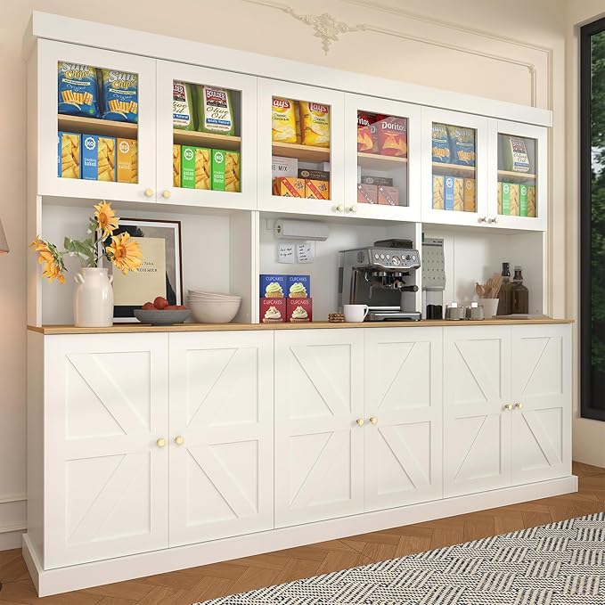 71" Tall Farmhouse Kitchen Pantry, Large Storage Cabinet with Glass Doors, Freestanding Coffee Bar Hutch with Microwave Stand, Adjustable Shelves for Kitchen, Living Room, White 3 Pcs