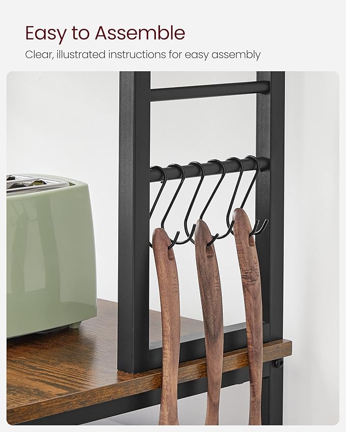 VASAGLE Coffee Bar, 23.6 Inches Baker's Rack for Kitchen with Storage, 6-Tier Kitchen Shelves with 6 Hooks, Microwave Stand, Industrial, Rustic Brown and Ink Black UKKS024B01