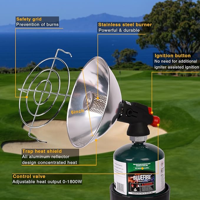 KOMAN Golf Cart Heater,Outdoor Propane Heater with Golf Cart Cup Holder,Self Ignition Safe Cordless Golf Cart Accessories for Most Golf Cart EZGO, Yamaha, Club Car(Fuel not inculded)