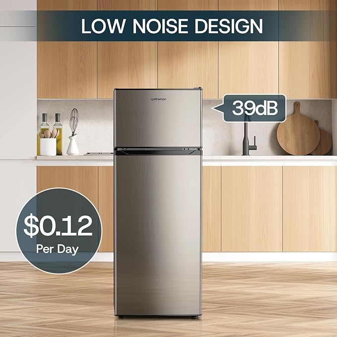 Upstreman 7.7 Cu.Ft. Refrigerator with Freezer, Double Door, Adjustable Thermostat, Large Capacity, Reversible Door Swing, Refrigerator for Apartment, Office, Dorm, Stainless (BD75)