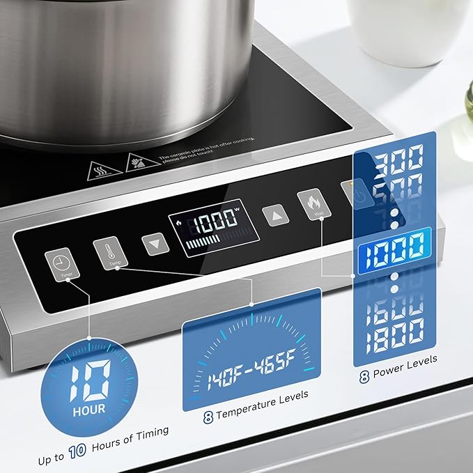 AMZCHEF Induction-Cooktop-Commercial: 1800W Induction Burner with Large 8" Heating Coil, Portable Hot Plate with 8 Temperature & Power Levels, LCD Screen & 10 Hour Timer