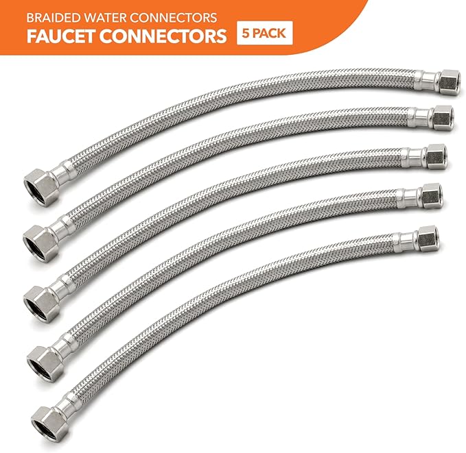 Stainless Steel Braided Water Connectors with Reinforced PVC Inner Hose for Faucets, 3/8" Compression x 1/2" FIP, 12" Length (5Pack)