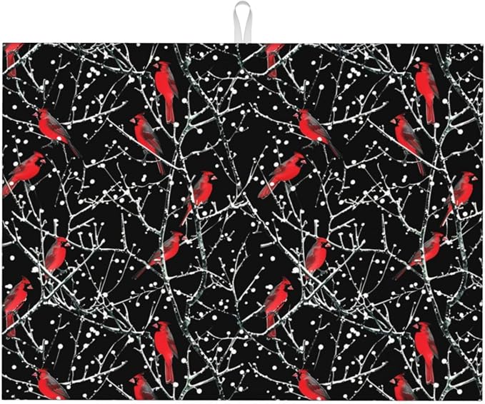 Red Bird Winter Red Cardinals Dish Drying Mat by indokyeyqaz