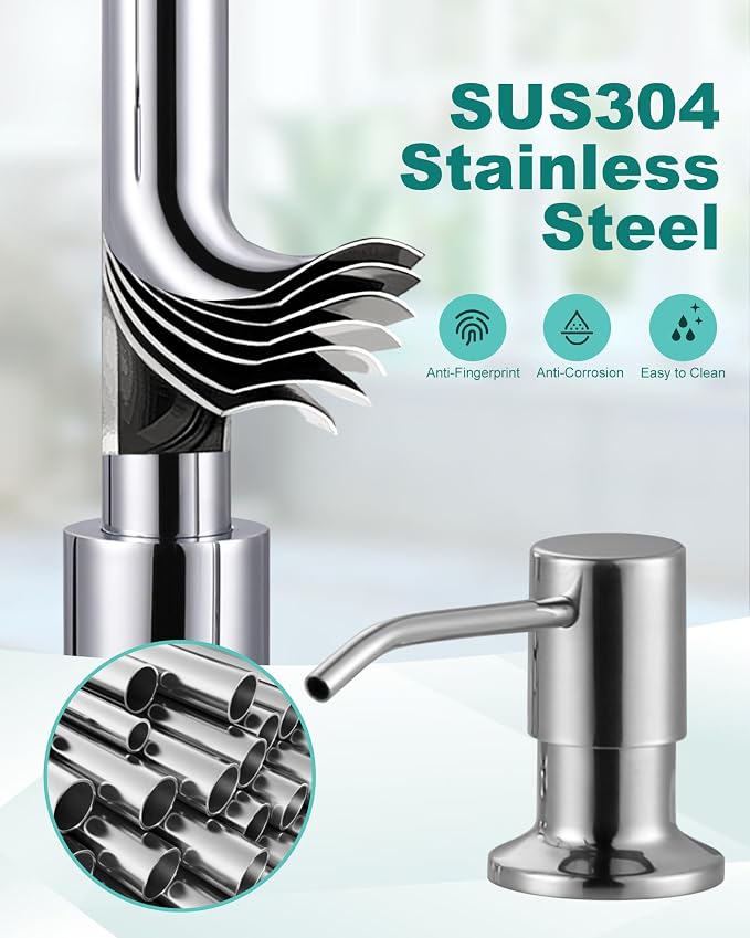 Chrome Kitchen Faucet with Soap Dispenser: Stainless Steel Kitchen Faucet with - Image 8