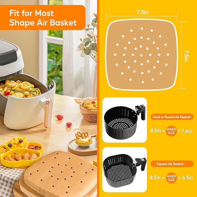 Katbite 200Pcs 7.5 In Air Fryer Liners, Parchment Paper for Air Fryer, Unbleached Disposable Air Fryer Liners Paper Sheets Square for Air Fryer, Steaming Basket, Oven Baking