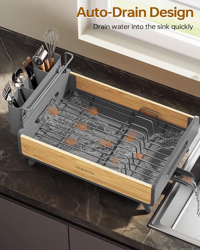 Urackify Modern Dish Rack for Kitchen Counter, Stainless Steel & Bamboo - Image 3