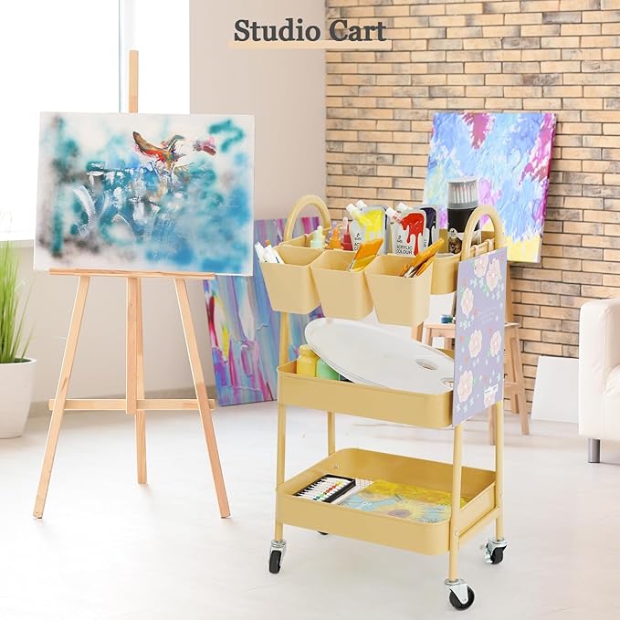 danpinera 3-Tier Rolling Cart, Utility Cart Mobile Metal Rolling Storage Cart with Lockable Wheels & Hanging Cups & Hooks for Kitchen, Bathroom, Office, Workshop, Yellow