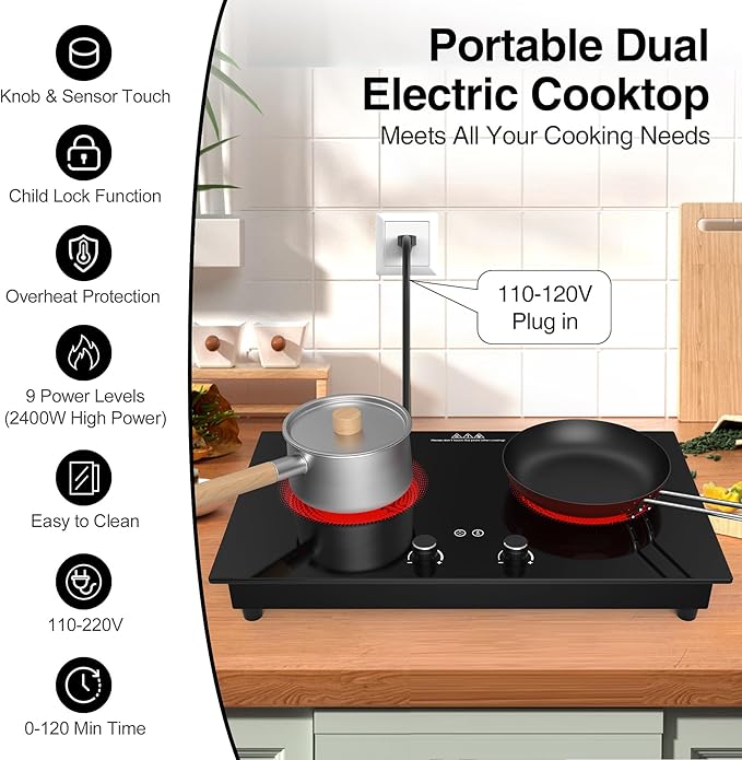 VBGK Electric Cooktop,2400W Electric Stove Top,Countertop and Built-in Hot Plate with Child Safety Lock, Timer, LED touch Knob Control,Overheat Protection,110V 2 Burner Induction Cooktop