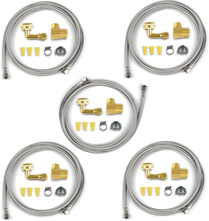 (5 Kit) Efield Dishwasher Installation Kit, 6 FT Stainless Steel Supply Hose, 3/8" X 3/8" Compression Adapter, 3-Wire 6” Power Cord with Tap,(HOSE149-5PCS)