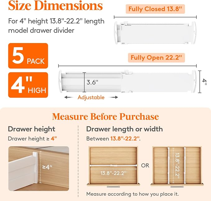Lifewit 5 Pack 4" High Drawer Dividers, Adjustable Drawer Organizer Clothes | - Image 2