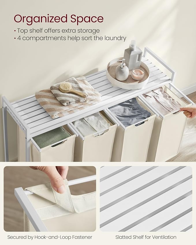 VASAGLE Laundry Hamper with Shelf, 4 Pull-Out Bags, 4 x 10.6 Gallons - Image 3
