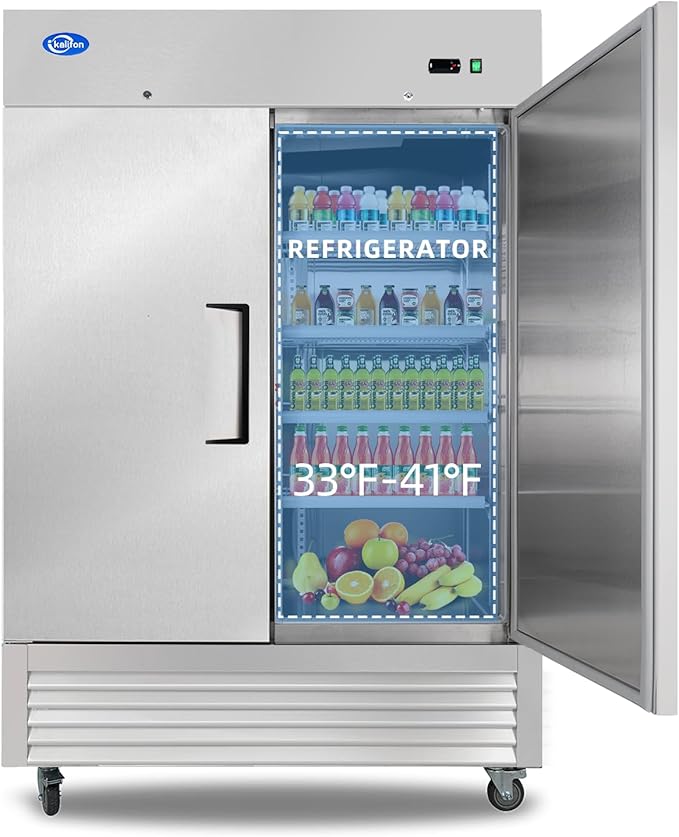54" Commercial Refrigerator with 2 Solid Doors&8 Shelves, 49 Cu.ft Reach-in Stainless Steel Refrigerator, Fan Cooling Refrigerator for Restaurant, Bar, Home, Shop, and Business