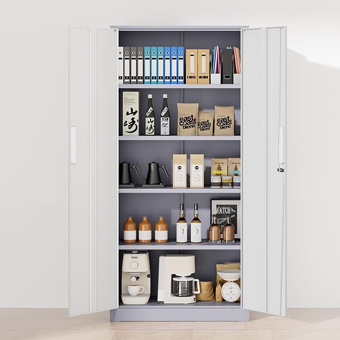 Greenvelly Metal Storage Cabinet with 2 Doors and 4 Adjustable Shelves, 72”H Metal Cabinet Lockable Storage Cabinet,Tall Locking File Cabinet for Office,Home, Garage, Gym, School