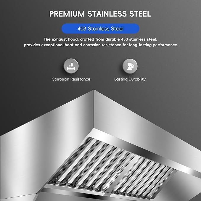 6FT Commercial Kitchen Exhaust Hood, Wall Mount Stainless Steel Vent Hood with Detachable u-Shaped Grease Filters, Rust-Resistant Restaurant Range Hood for Food Truck Cooking Sttion Concession Traile