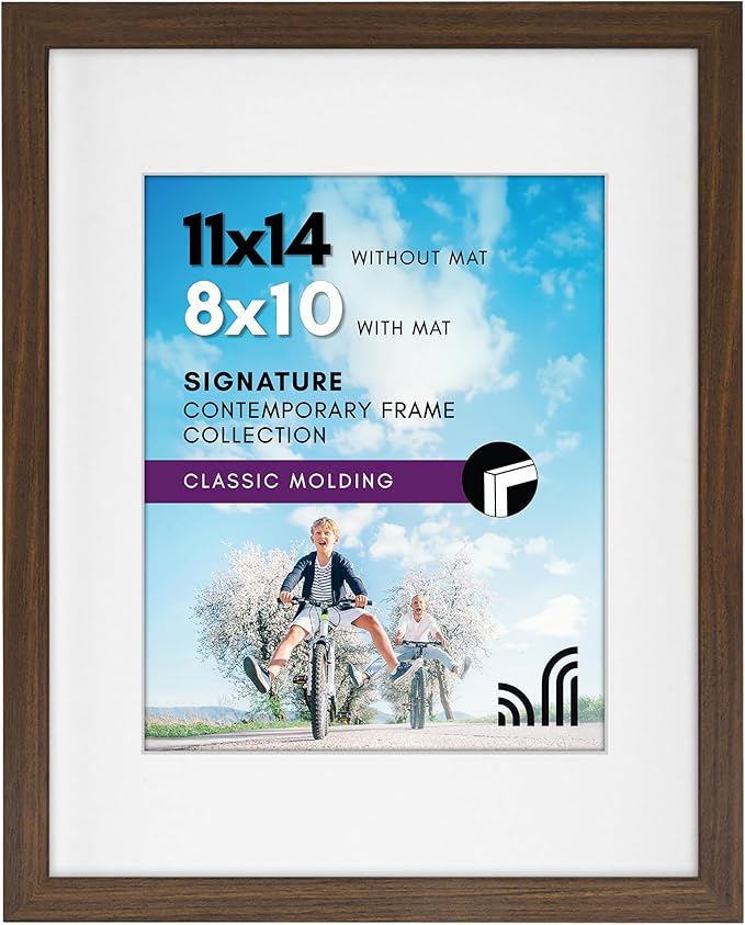 Americanflat 11x14 Picture Frame with Shatter-Resistant Glass - Use as 8x10 Frame with Mat or Display 11x14 Photo Without Mat - Signature Collection - Picture Frames for Wall Display - Walnut