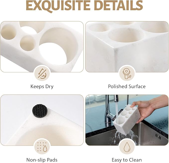 BCS Toothbrush Holder for Bathrooms, 6 Slots Open-Bottom Marble Toothbrush - Image 4