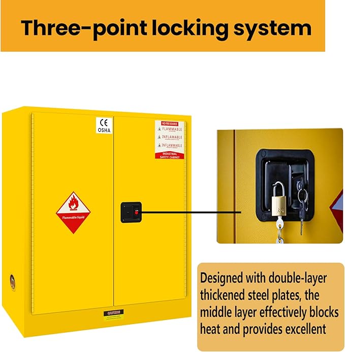 170 Gallon Galvanized Steel Flammable Storage Cabinet, 53" H x 46" D x 21" W Fireproof Cabinets Adjustable Shelf 2 Manual Closing Doors, 3 Point Locker Cabinet for Industry and Home Use Yellow
