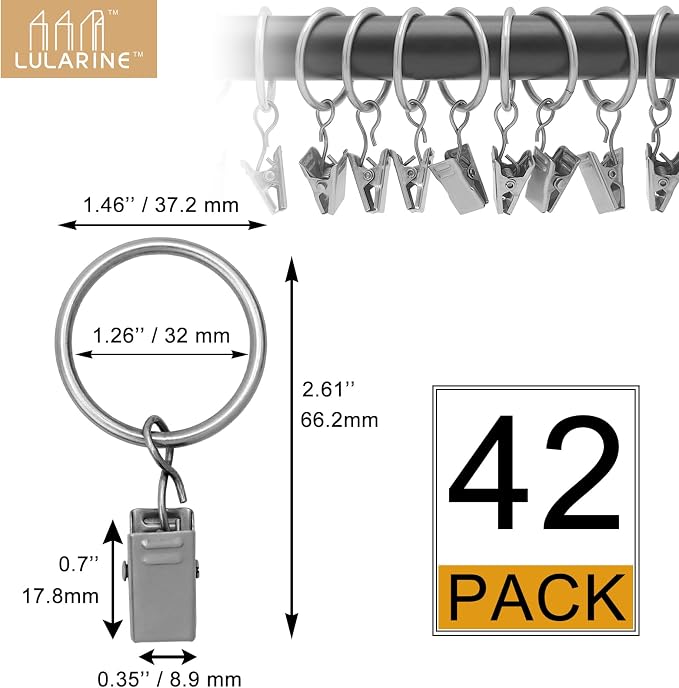 42 Pack Curtain Rings with Clips 1.26" Interior Diameter, Metal Drapery Ring - Image 2