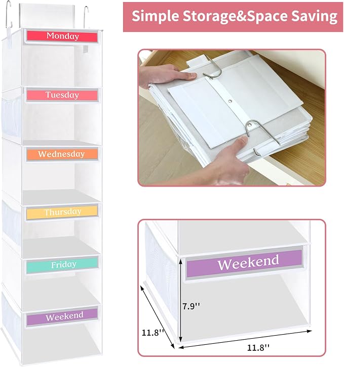 Fixwal Weekly Kids Clothes Organizer 6-Shelf Hanging Closet Storage White | - Image 5