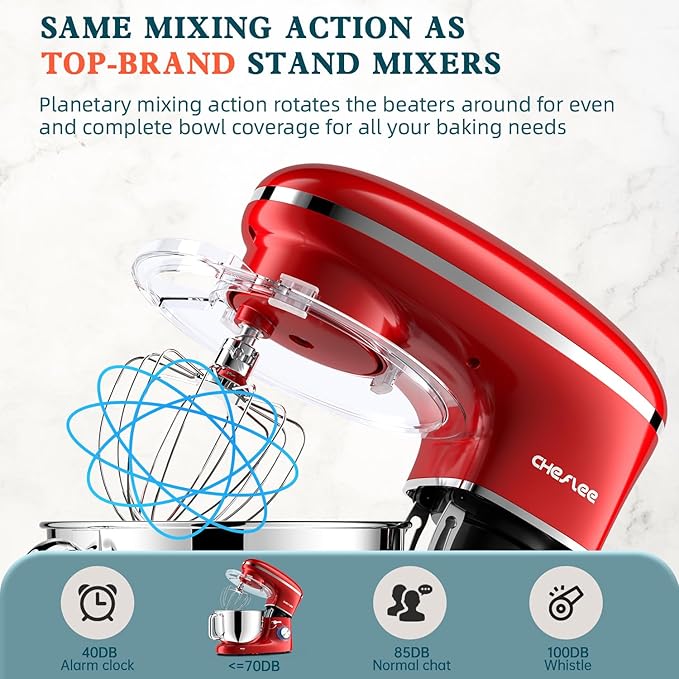 CHeflee Stand Mixer,660W 6+P With 6.5QT Stainless Steel Bowl,Dough Hook, Wire Whip & Beater,for Most Home Cooks (Red)