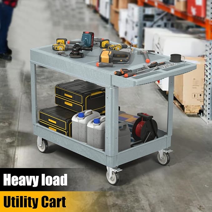 2 Tier Rolling Utility Cart on Wheels, 550 lbs Capacity Flat Top Plastic Tool Cart with Lipped Shelves, 46 x 26-Inch Heavy Duty Work Cart for Warehouse, Garage, Cleaning, Gray