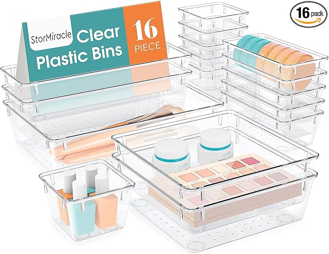 16 PCS Drawer Organizer Set, 5 Size Bathroom and kitchen organizer Trays | by StorMiracle