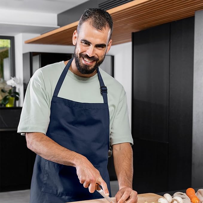 Adjustable Bib Apron 100% Polyester Kitchen Aprons Waterdrop Resistant Aprons with Adjustable Strap, Pockets & Long Ties