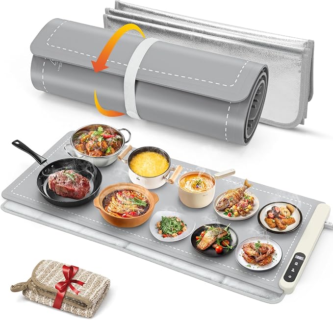 FYY Extra Large Warming Mat for Food with Heat Resistant Pad, Prevent Countertop Cracks, Keep Meal Warm, Rapid and Full Surface Heating, 6 Temp Settings, 6H Timer, Rollable Portable Food Warmer, Grey