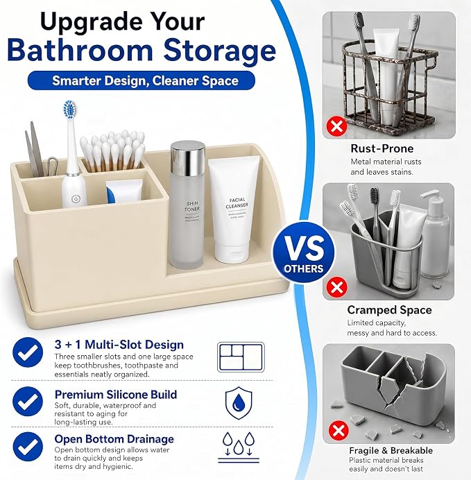 Bathroom Toothbrush Holders, 4 Slots Silicone Counter Organizer Storage Beige - Image 6