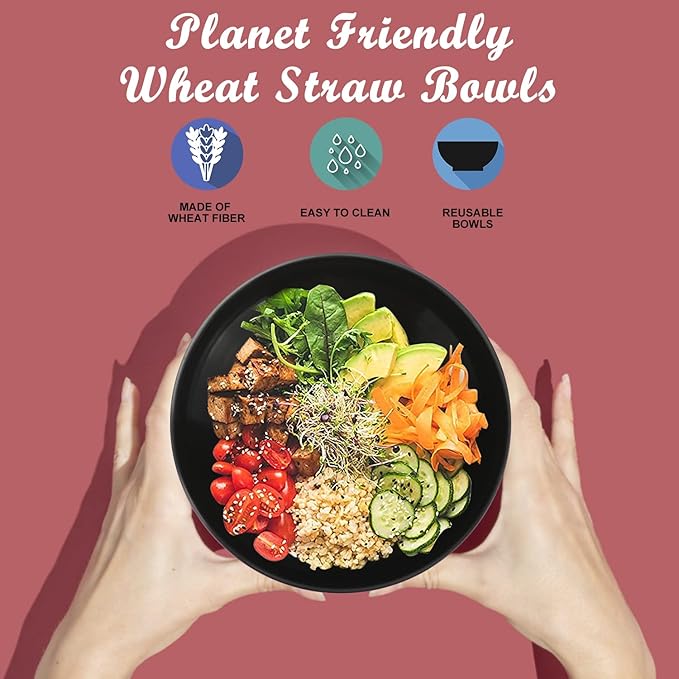 Wrova Wheat Straw Bowl Sets,6 PCS Unbreakable Big Cereal Bowl 50 OZ,Microwave and Dishwasher Safe Bowls,Alternative Plasic Bowl Reusable for Serving Soup,Oatmeal and Salad (Black)