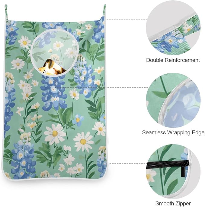 Mint Green Bluebonnet and Daisies Hanging Laundry Hamper Door Hampers Bag Basket - Image 5